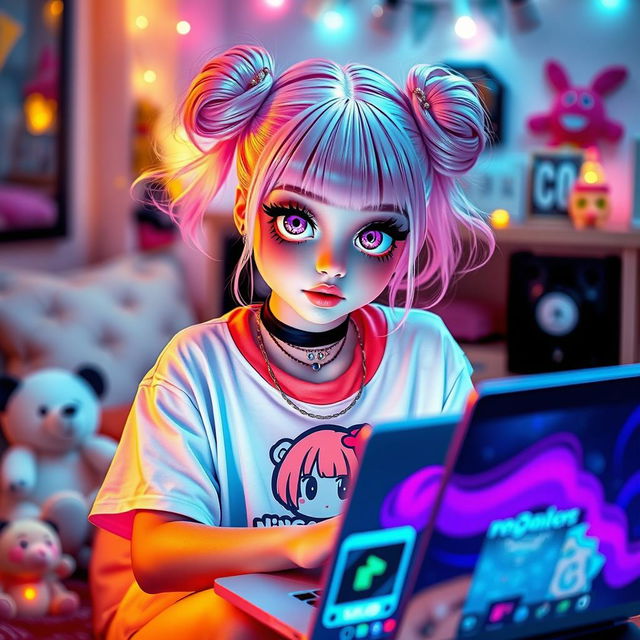 A stylish egirl with pastel pink hair styled in space buns, large expressive eyes with colorful makeup, wearing a graphic oversized t-shirt with a cute anime print and a layered choker necklace