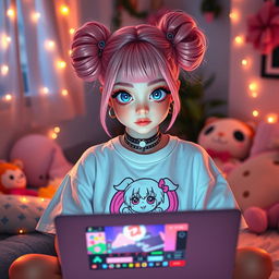 A stylish egirl with pastel pink hair styled in space buns, large expressive eyes with colorful makeup, wearing a graphic oversized t-shirt with a cute anime print and a layered choker necklace