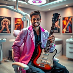 A futuristic scene depicting a confident individual in a modern dental clinic, showcasing their dual career as a dentist and a rock musician