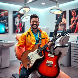 A futuristic scene depicting a confident individual in a modern dental clinic, showcasing their dual career as a dentist and a rock musician