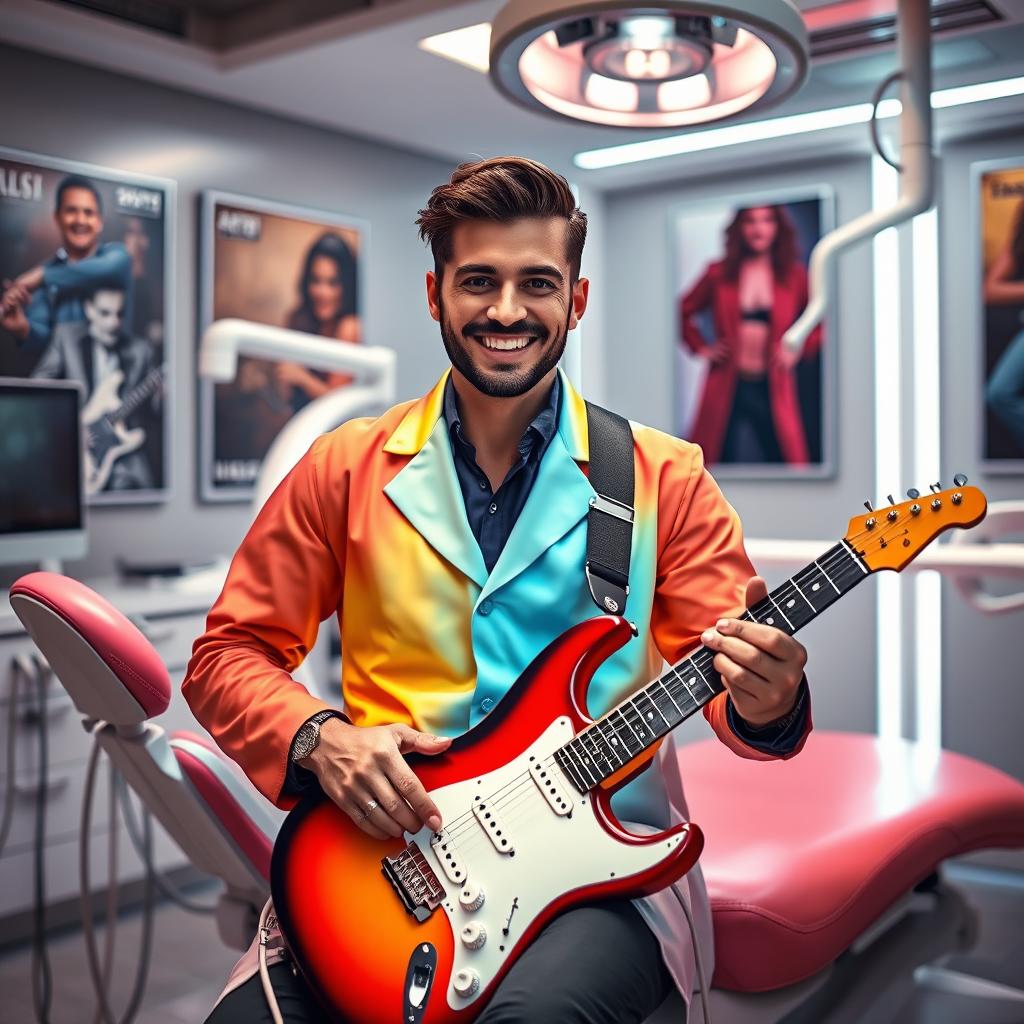 A futuristic scene depicting a confident individual in a modern dental clinic, showcasing their dual career as a dentist and a rock musician