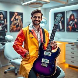 A futuristic scene depicting a confident individual in a modern dental clinic, showcasing their dual career as a dentist and a rock musician