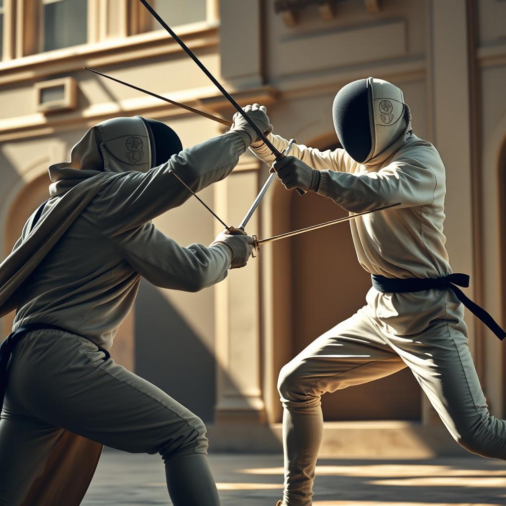 A dynamic fencing scene inspired by the style of Da Vinci, showcasing two skilled fencers engaged in an intense duel