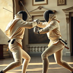 A dynamic fencing scene inspired by the style of Da Vinci, showcasing two skilled fencers engaged in an intense duel