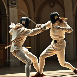 A dynamic fencing scene inspired by the style of Da Vinci, showcasing two skilled fencers engaged in an intense duel