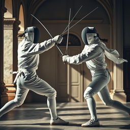 A dynamic fencing scene inspired by the style of Da Vinci, showcasing two skilled fencers engaged in an intense duel