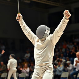 A dynamic action shot of a fencer celebrating a victory, raised sword in hand, surrounded by the excitement of a fencing match