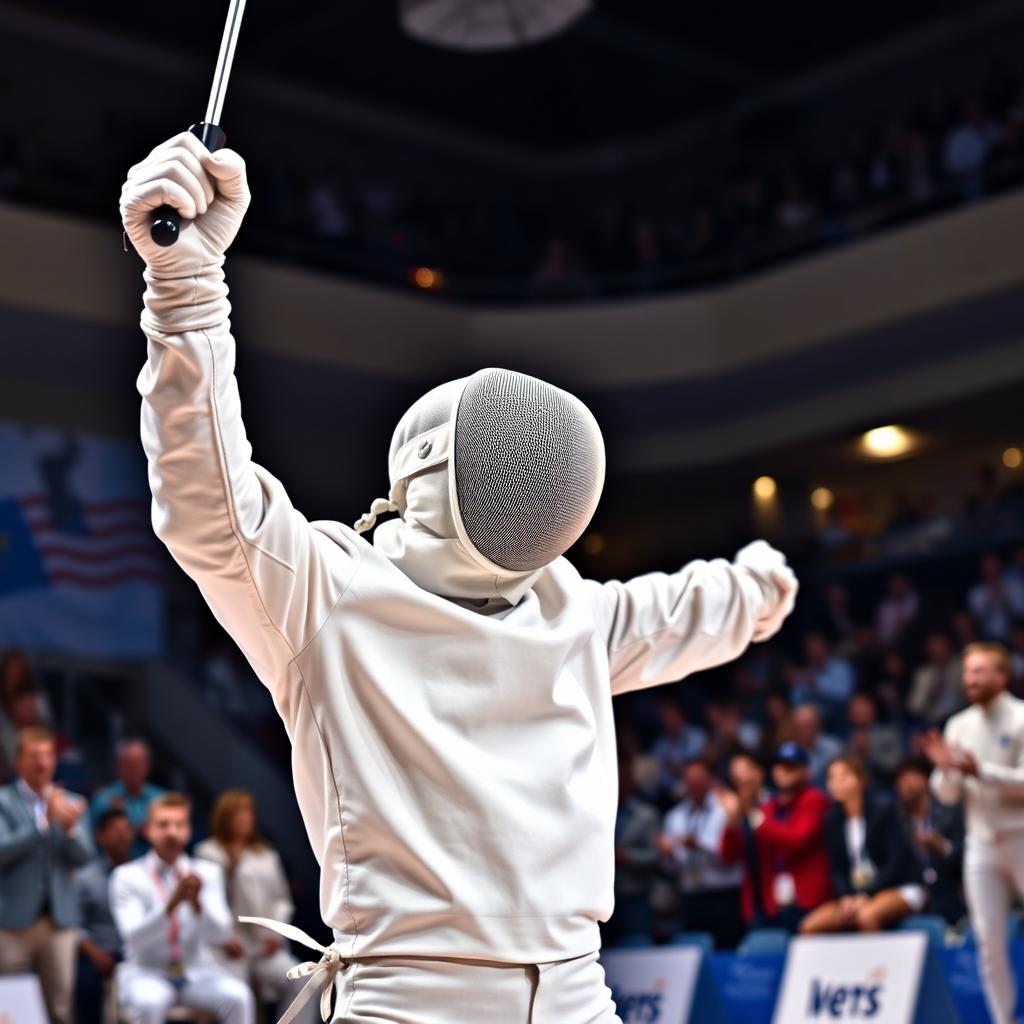 A dynamic action shot of a fencer celebrating a victory, raised sword in hand, surrounded by the excitement of a fencing match