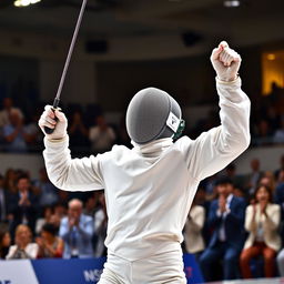A dynamic action shot of a fencer celebrating a victory, raised sword in hand, surrounded by the excitement of a fencing match
