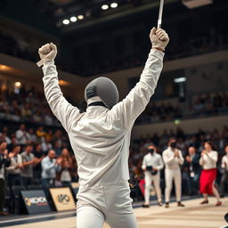 A dynamic action shot of a fencer celebrating a victory, raised sword in hand, surrounded by the excitement of a fencing match