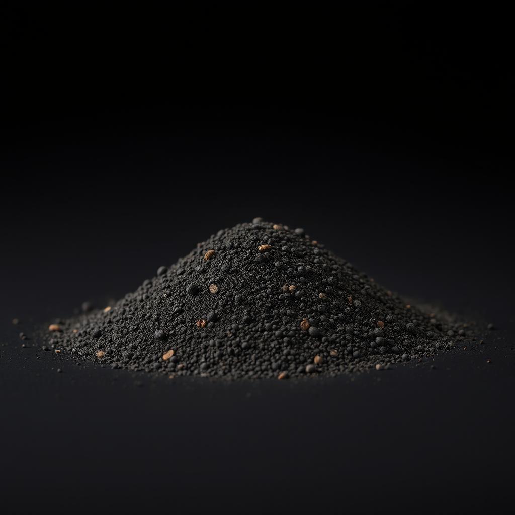 A mound of finely ground black pepper resting on a flat surface, with the mound clearly defined and isolated