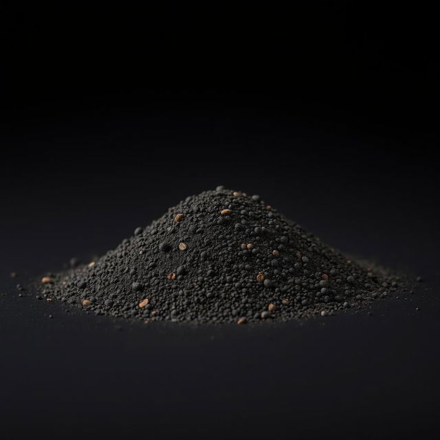 A mound of finely ground black pepper resting on a flat surface, with the mound clearly defined and isolated