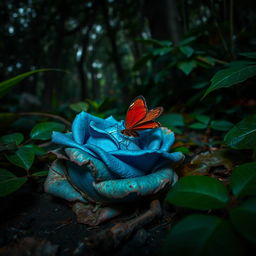 A close-up view of a withered blue rose resting on the damp ground in a dark jungle