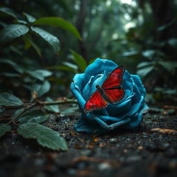 A close-up view of a withered blue rose resting on the damp ground in a dark jungle