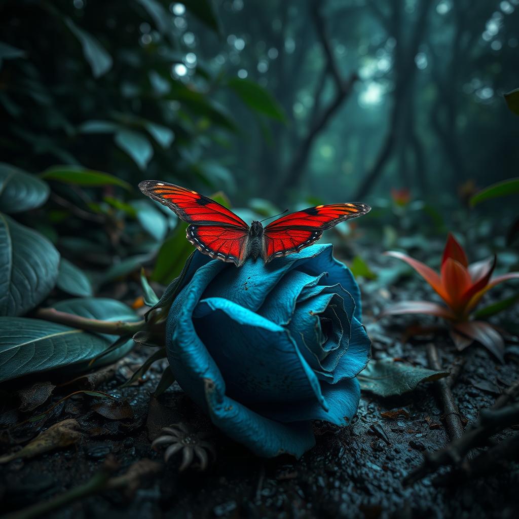 A close-up view of a withered blue rose resting on the damp ground in a dark jungle