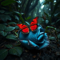 A close-up view of a withered blue rose resting on the damp ground in a dark jungle