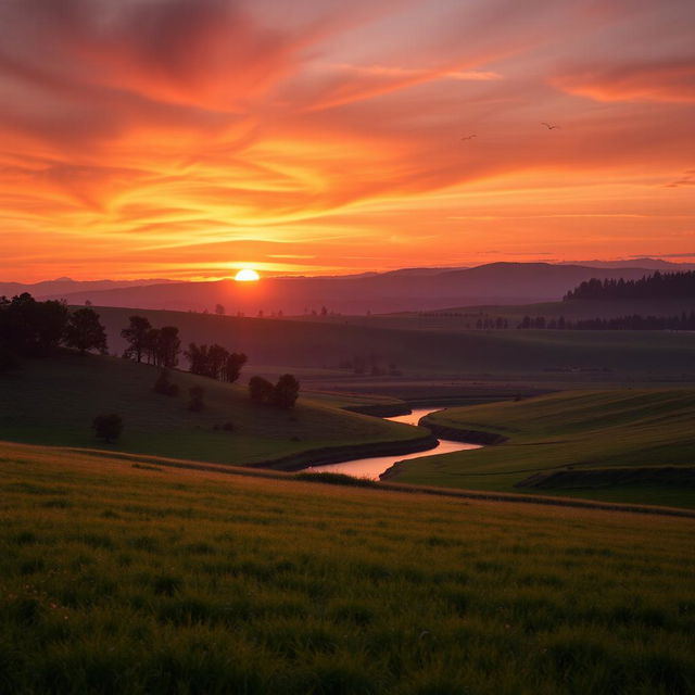 A serene landscape featuring a stunning sunset over rolling hills