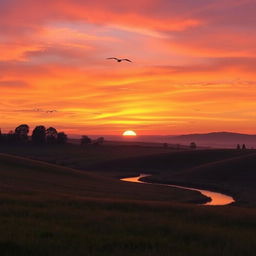 A serene landscape featuring a stunning sunset over rolling hills