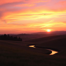 A serene landscape featuring a stunning sunset over rolling hills