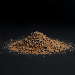 A mound of black pepper powder scattered on a flat surface, with the mound clearly visible and no other objects in the image