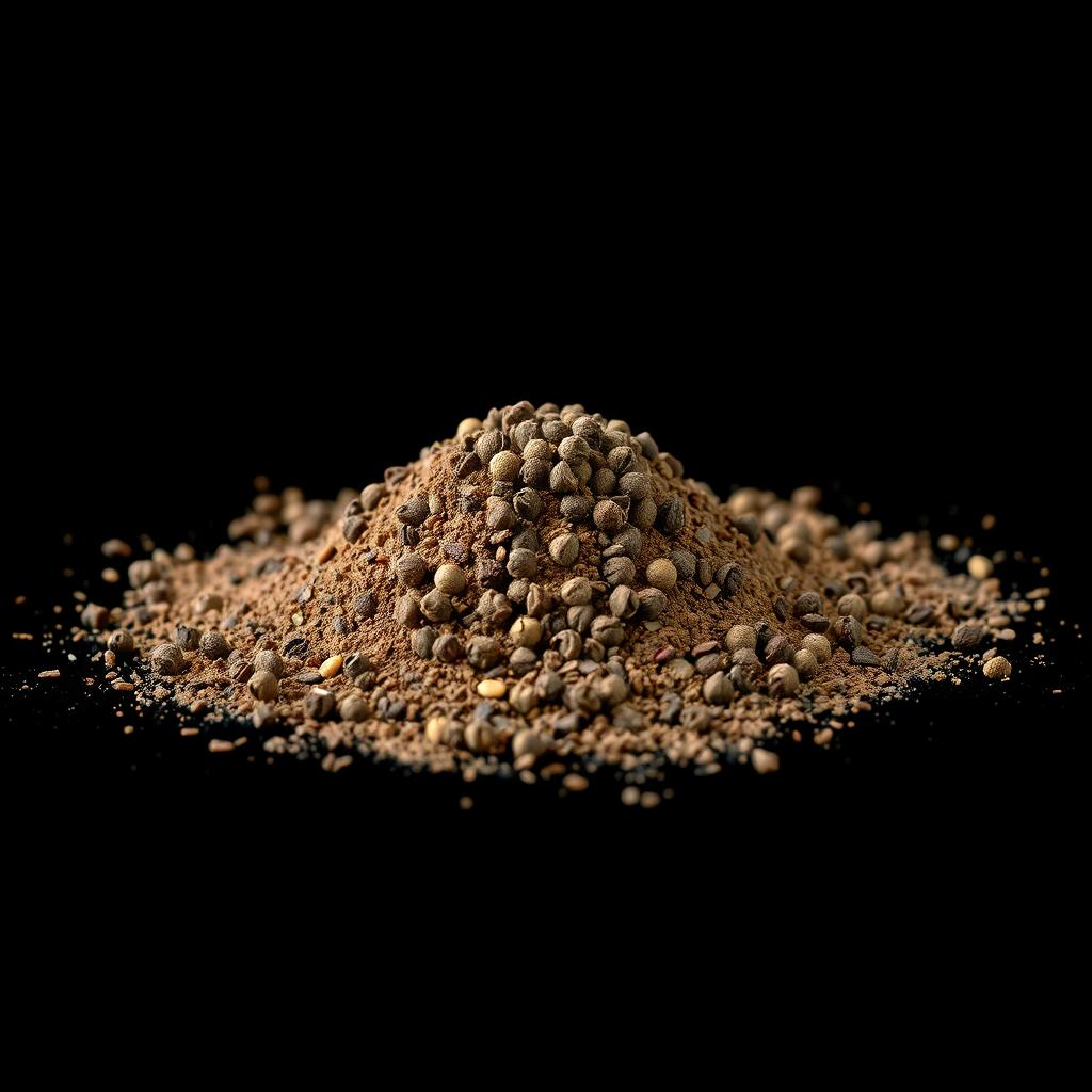 A mound of black pepper powder scattered on a flat surface, with the mound clearly visible and no other objects in the image