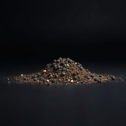 A mound of black pepper powder scattered on a flat surface, with the mound clearly visible and no other objects in the image