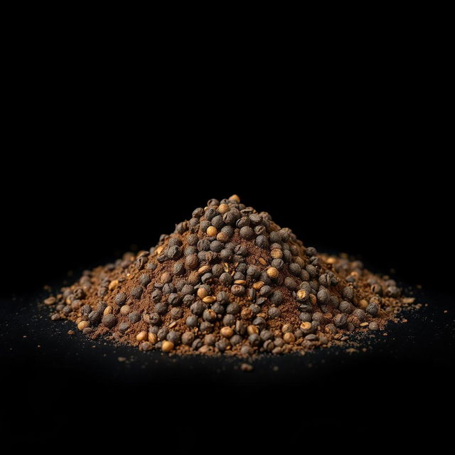 A mound of black pepper powder scattered on a flat surface, with the mound clearly visible and no other objects in the image