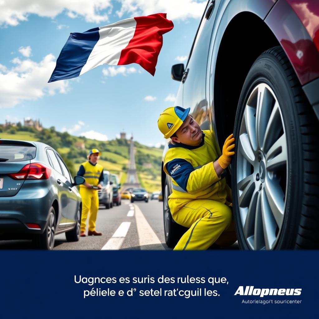 A vibrant advertisement scene for the company Allopneus, featuring workers in bright uniforms changing the tires of a car on a busy road