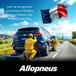 A vibrant advertisement scene for the company Allopneus, featuring workers in bright uniforms changing the tires of a car on a busy road