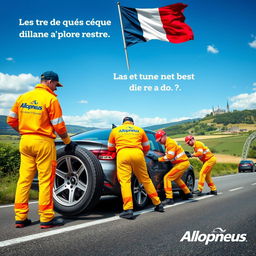 A vibrant advertisement scene for the company Allopneus, featuring workers in bright uniforms changing the tires of a car on a busy road