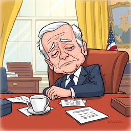 A humorous cartoon of Joe Biden peacefully sleeping at a desk in the Oval Office, with a soft sunbeam shining through the window