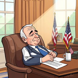 A humorous cartoon of Joe Biden peacefully sleeping at a desk in the Oval Office, with a soft sunbeam shining through the window