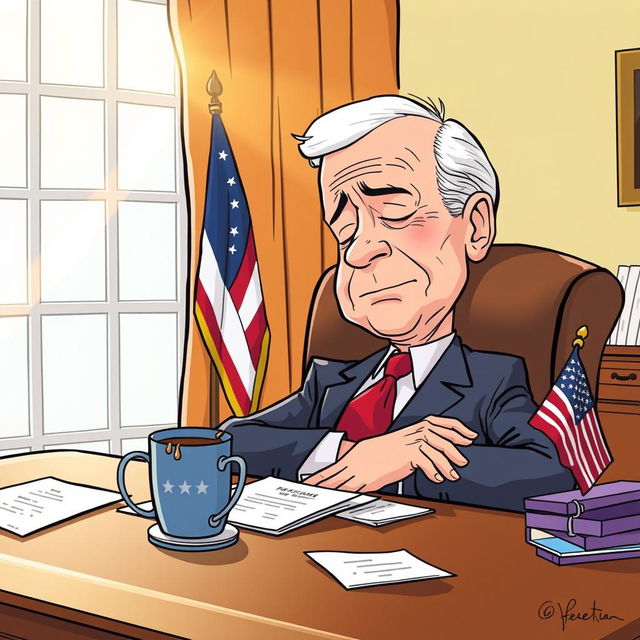 A humorous cartoon of Joe Biden peacefully sleeping at a desk in the Oval Office, with a soft sunbeam shining through the window