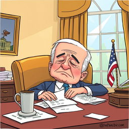 A humorous cartoon of Joe Biden peacefully sleeping at a desk in the Oval Office, with a soft sunbeam shining through the window