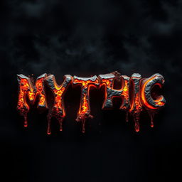 The word 'MYTHIC' crafted in molten material, with shimmering, glowing edges that appear to be flowing like lava