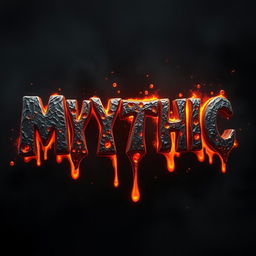 The word 'MYTHIC' crafted in molten material, with shimmering, glowing edges that appear to be flowing like lava