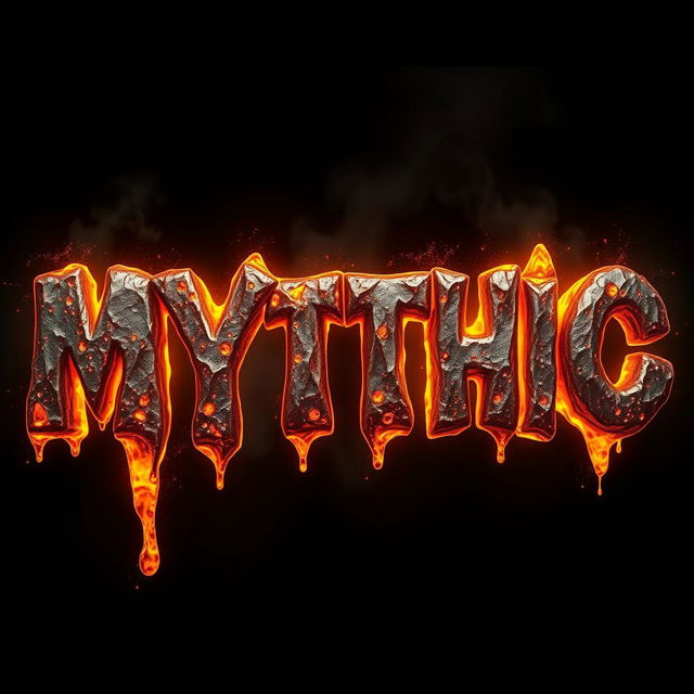 The word 'MYTHIC' crafted in molten material, with shimmering, glowing edges that appear to be flowing like lava