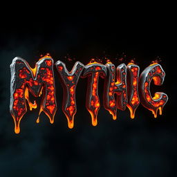 The word 'MYTHIC' crafted in molten material, with shimmering, glowing edges that appear to be flowing like lava