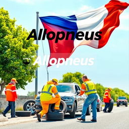 A vibrant advertisement poster for the company Allopneus, depicting workers in bright uniforms actively changing tires on a car at the roadside