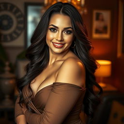 A sensual portrait of a confident woman with voluptuous features, showcasing her beauty and allure