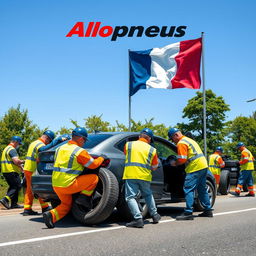 A vibrant advertisement poster for the company Allopneus, depicting workers in bright uniforms actively changing tires on a car at the roadside