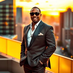 A stylish and charismatic portrait of Diddy, standing confidently in an urban setting