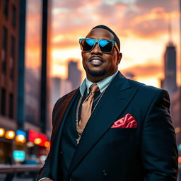 A stylish and charismatic portrait of Diddy, standing confidently in an urban setting