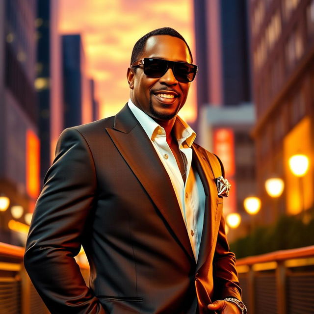 A stylish and charismatic portrait of Diddy, standing confidently in an urban setting