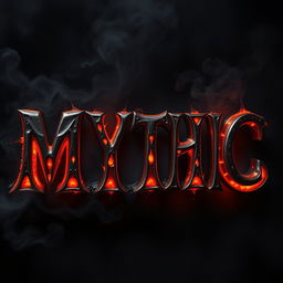 The word 'MYTHIC' elegantly cast in molten metal, glowing with fiery orange and red hues