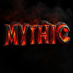 The word 'MYTHIC' elegantly cast in molten metal, glowing with fiery orange and red hues