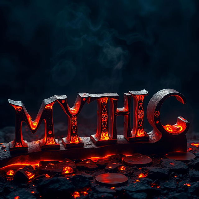 The word 'MYTHIC' elegantly cast in molten metal, glowing with fiery orange and red hues