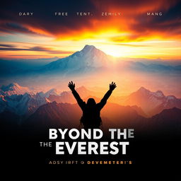 A captivating documentary poster titled 'Beyond the Everest', featuring a breathtaking panoramic view of the Himalayas with Mount Everest majestically towering in the background under a dramatic sunset sky
