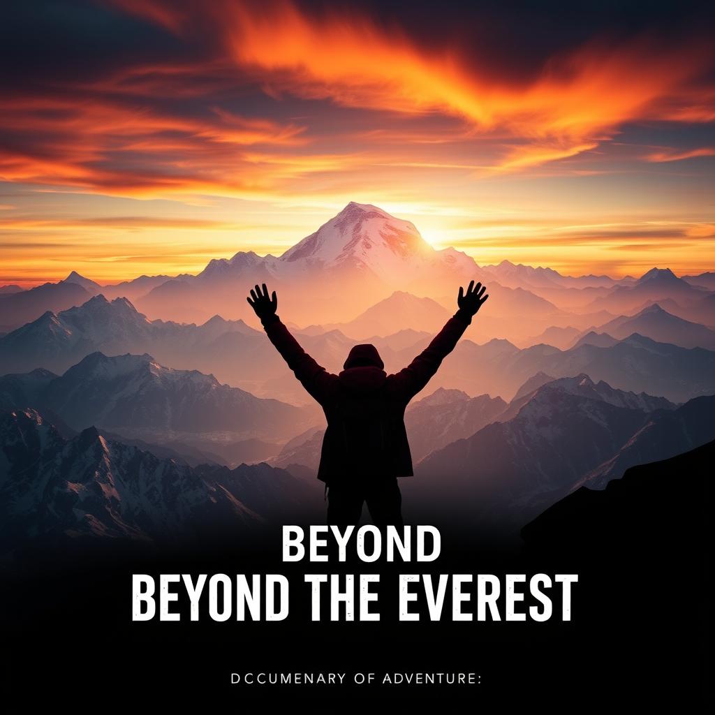 A captivating documentary poster titled 'Beyond the Everest', featuring a breathtaking panoramic view of the Himalayas with Mount Everest majestically towering in the background under a dramatic sunset sky