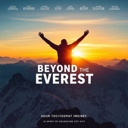 A captivating documentary poster titled 'Beyond the Everest', featuring a breathtaking panoramic view of the Himalayas with Mount Everest majestically towering in the background under a dramatic sunset sky